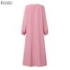 ZANZEA Women Muslim Casual Round Neck Loose Long Sleeve Pleated Long Dress