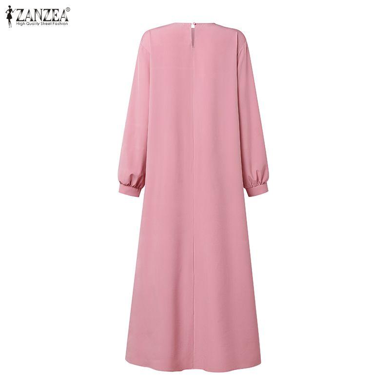 ZANZEA Women Muslim Casual Round Neck Loose Long Sleeve Pleated Long Dress