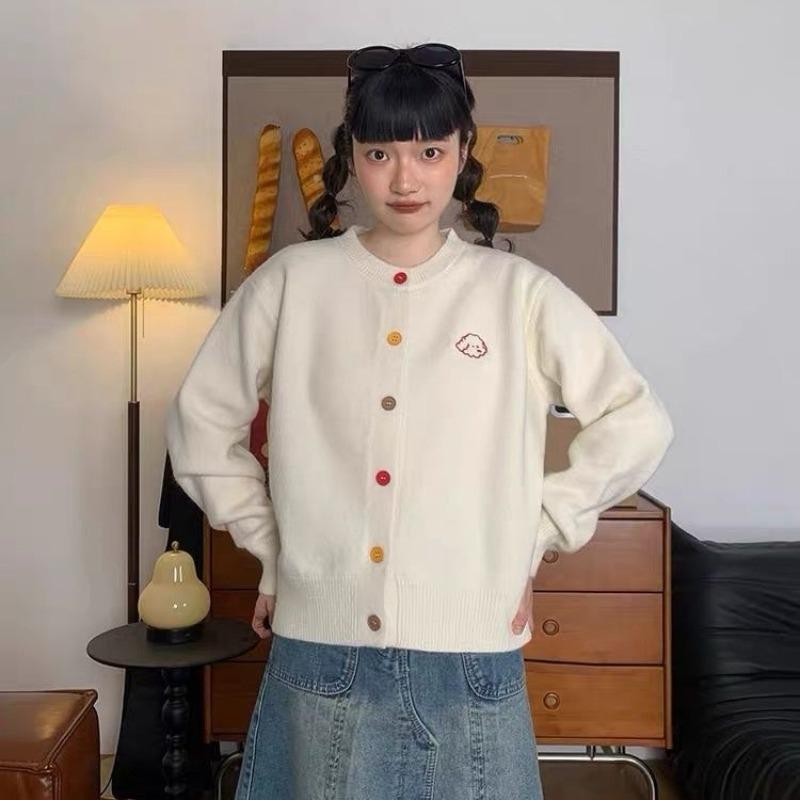 Embroidered Women's Knitted Cardigan Crew Neck Colored Button Solid Color Sweater Korean Version Sweet Woman Casual Long Sleeved Coat