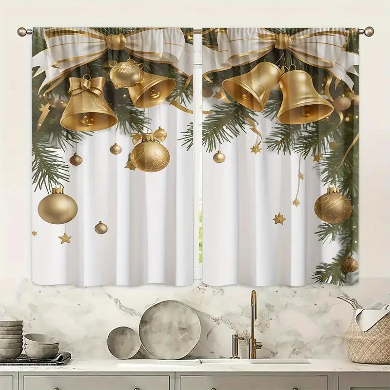 2pcs Christmas bell curtains   pole pocket design   privacy protection   suitable for decorating various scenes
