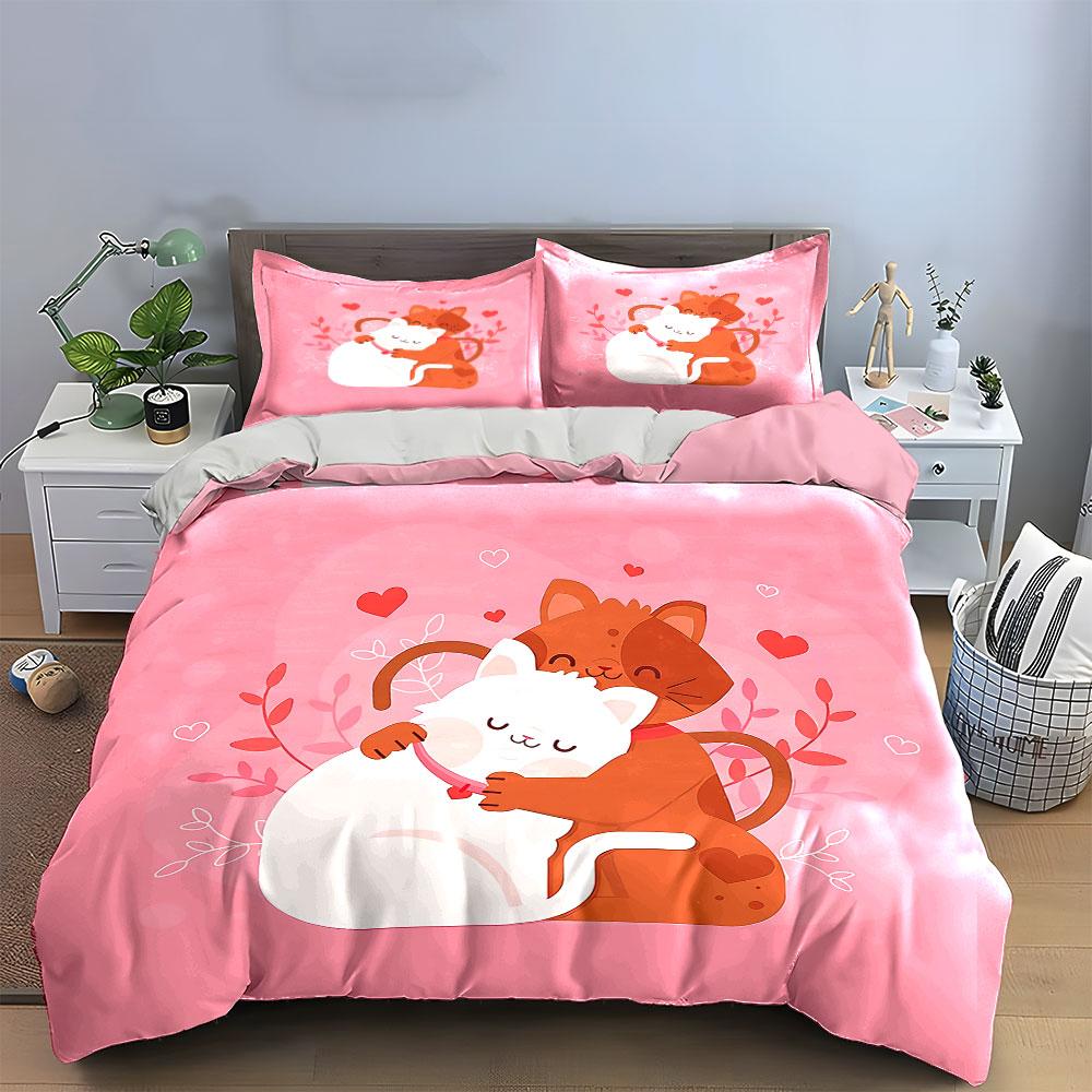 Cute Cats Hug with Hearts Bedding Duvet Cover Set Duvet Cover Pillowcases (1*Duvet Cover 2*Pillowcases, without duvet insert)