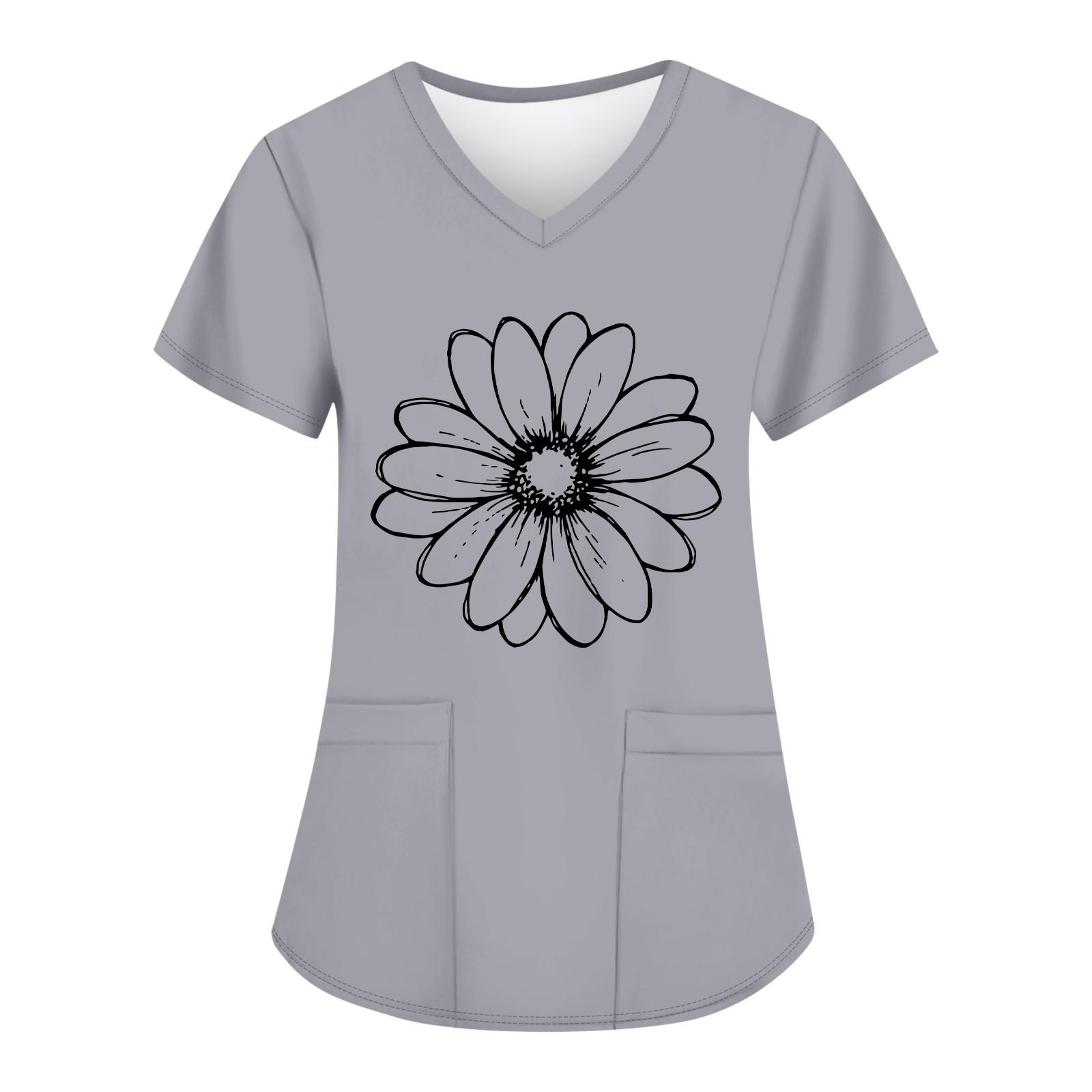 

Жіночі модні робочі футболки з принтом і V-подібним вирізом з короткими рукавами та кишенями S