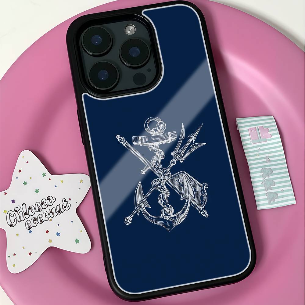 Nautical Anchor Trident Phone Case Black Hard Plastic Phone Case For Iphone 17 Air 16 15 14 13 12 11 Pro Max PC TPU Ins Case iPhone 12