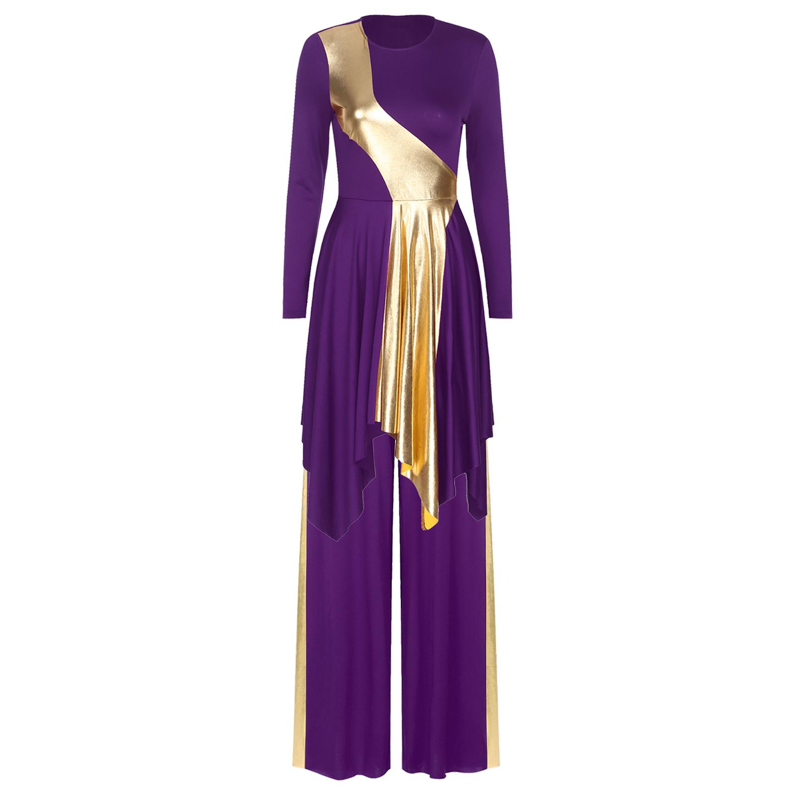 

Womens Church Dance Outfit Asymmetrical Hem Long Sleeve Metallic Patchwork Dress Wide Leg Pants Worship Performance S фіолетовий