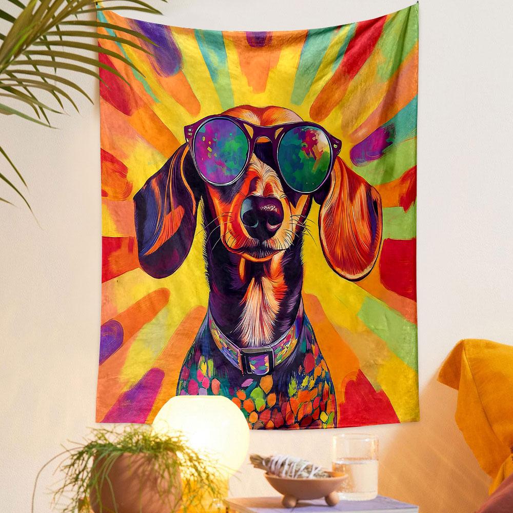 Colorful Dachshund with Sunglasses Patterned Tapestry Decorative Wall Hanging, Home Bedroom Living Room Decor
