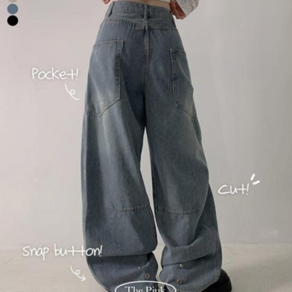 The Pink High Waist Pocket Curve Snap Wide Pants