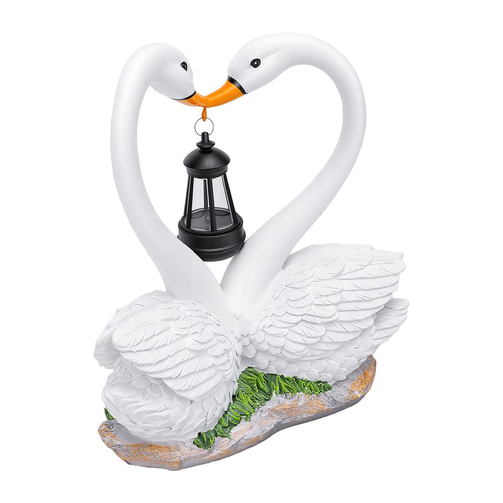 Solar Swan Garden Statue with Hanging Lantern Light Romantic Swan Couple Outdoor Solar Light Resin Water Proof Yard