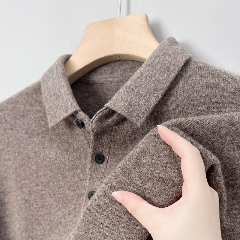 Men's 100% Pure Wool 9-Pin Lapel Sweater, 430g Thickened Base Layer for Middle-Aged Business Casual, Plain Knit.