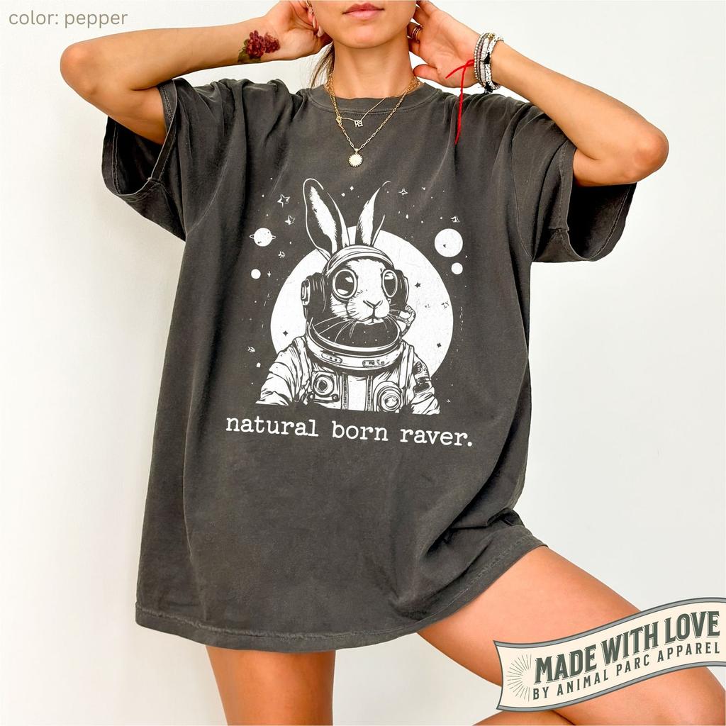 Natural Born Raver Space Bunny Vintage T Shirt, Funny Rabbit Rave Shirt, Gift Raver Shirt Rave Bunny, Party Shirt Rave Techno Funny