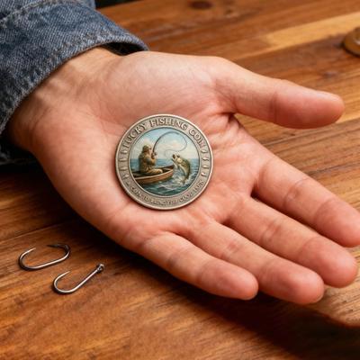 1/2Pcs Lucky Fishing Coin Bring You Good Luck Fishing Token Metal Carving Souvenir Coin Badge Decoration Dad Fishermen