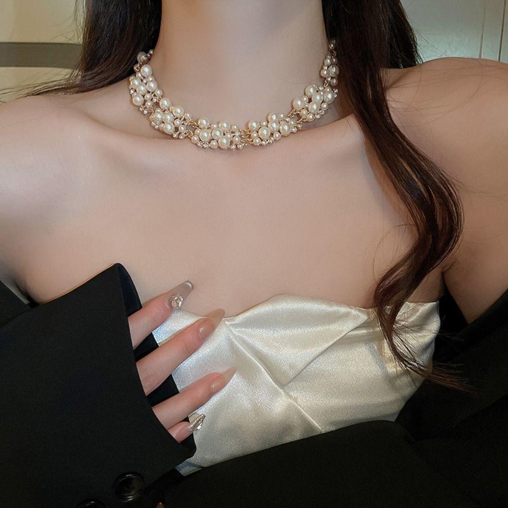 Court Style Design Pearl Necklace Multi-layer Pearl Neck Chain Trendy Wedding Jewelry Set  Women