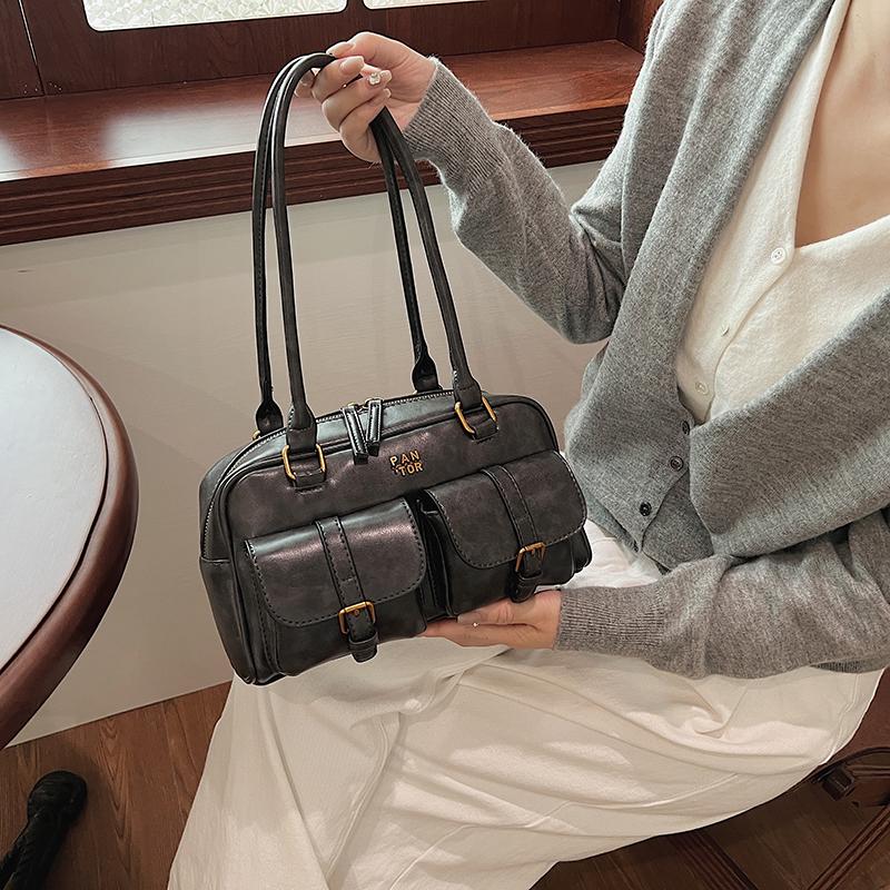Retro Boston Shoulder Bag for Women Multi-Pocket Large Capacity Mini Satchel Handbag