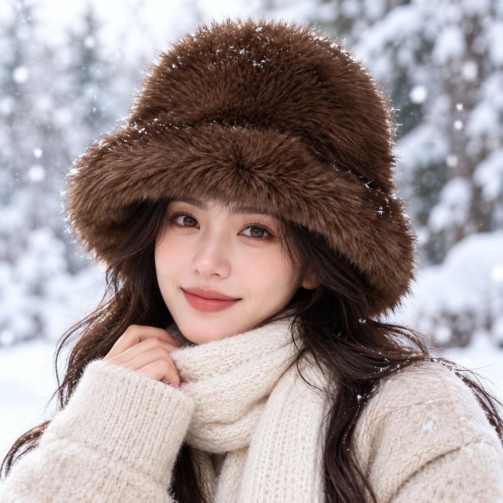 Windproof Faux Fur Bucket Hat Soft Winter Warm Cap Unisex Plush Fisherman Hat Skiing