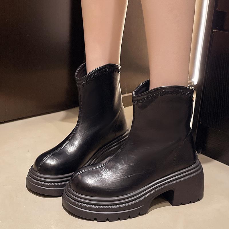 

Skinny Back Zipper Booties Women s Autumn and Winter 2026 New Soft Leather Heightened Platform Retro Block Heel Shoes 35 чёрный