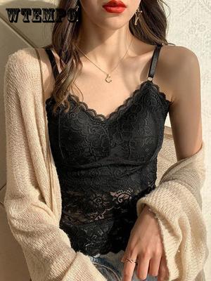 Spitzen-Crop-Top, Sexy Dessous, Camisole, Bralette, Crop Top, Y2k, Schwarz/Weiß, Schlaftops, Träger, gepolstertes Camis, Unterhemd, Damenmode