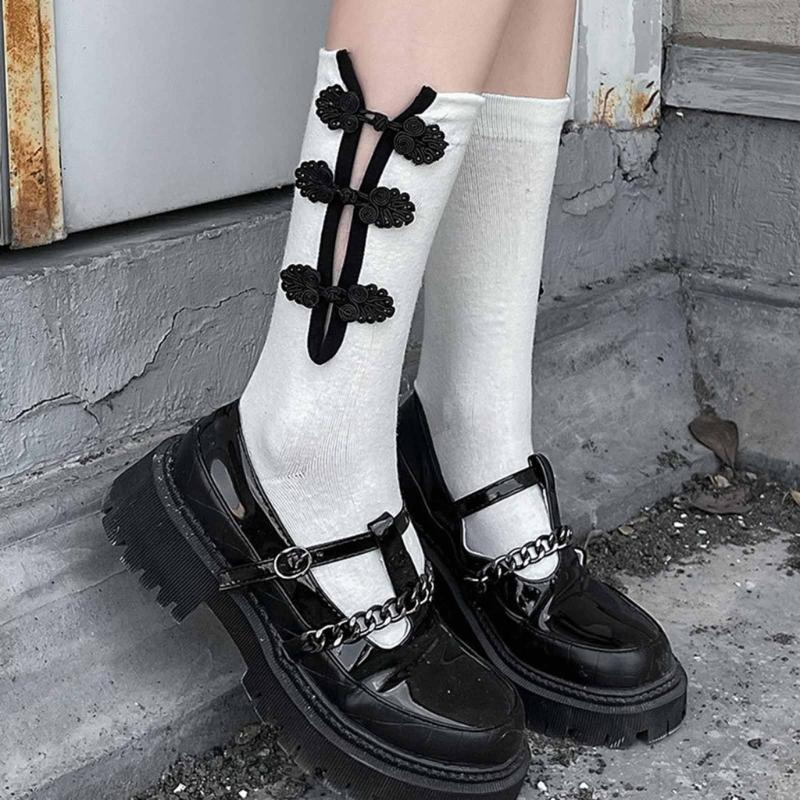 Womens Casual Crew Socks, Chinese Style Cheongsam Buckle Design Ladies Socks Solid Color Cotton Calf Socks