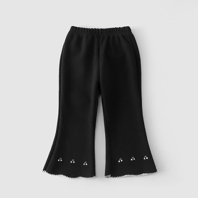 Baby Girl Cherry Embroidered Flared Trousers - Autumn Korean Style, Plus Velvet, Versatile, Fashionable Long Pants