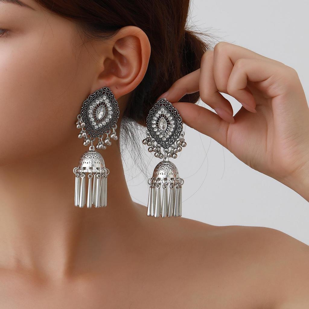 Cross-Border Retro Miao Silver Earrings with Peacock Bell Tassels and Hollowed Leaves