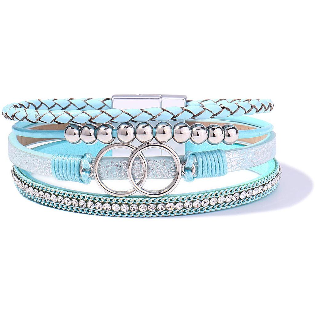 Damen Handgefertigtes Geflochtenes Lederarmband mit Doppelring Magnetverschluss und Strasssteinen