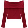 Vintage Red Pullovers Women Slash Neck Slim Long Sleeve Short Basic Sexy Pleated New Hot Chic Ulzzang Streetwear All-match
