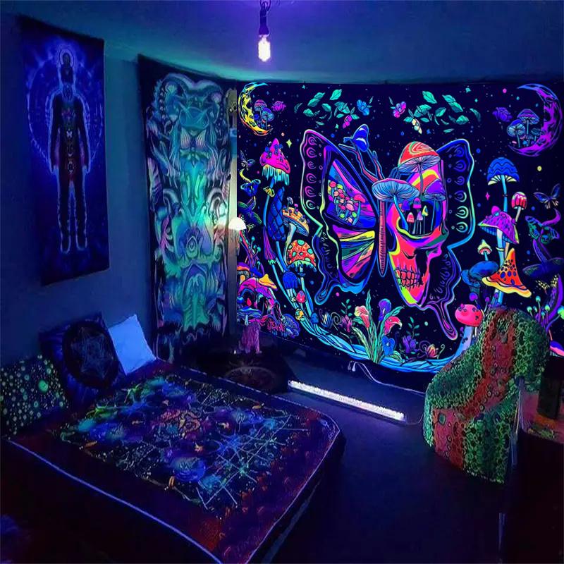 1pc Butterfly skull fluorescent tapestry, UV black light plant mushroom flower moon tapestry, home room decoration wall hanging 73x95cm