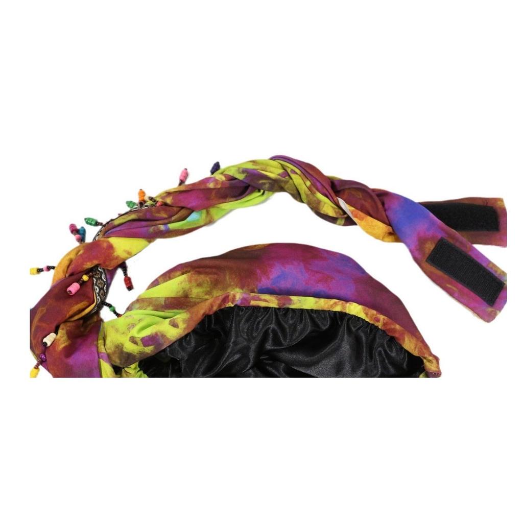 Colorful Beaded Headscarf Cap With Prickly Hair Sticker, Adjustable Pullover Cap, Printed Tail Cap, High Elasticity