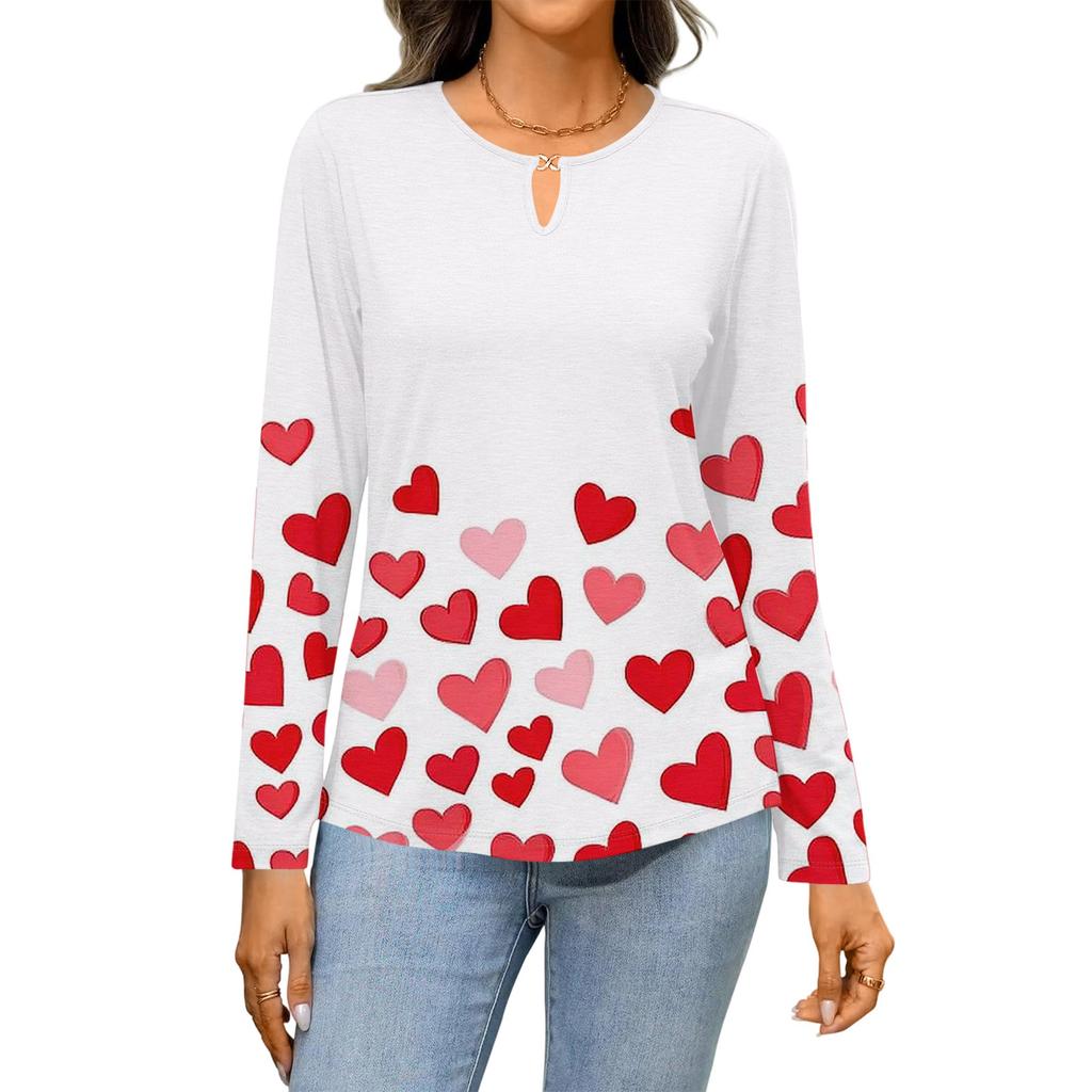 Women's Casual Round Neck Hollow,out Pullover Long Sleeve Valentine's Day Heart Print T,shirt Top