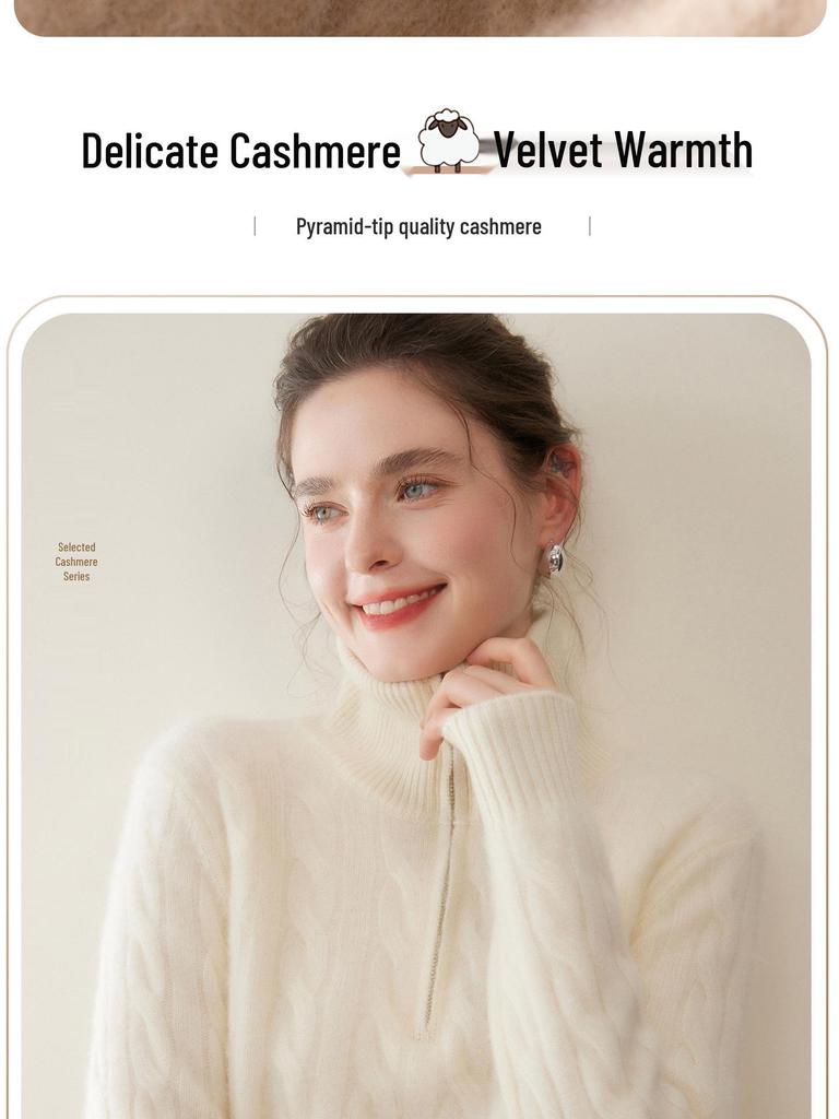 Women's Retro High-Neck Cashmere Sweater - Half-Zip, Loose-Fit for Autumn/Winter.