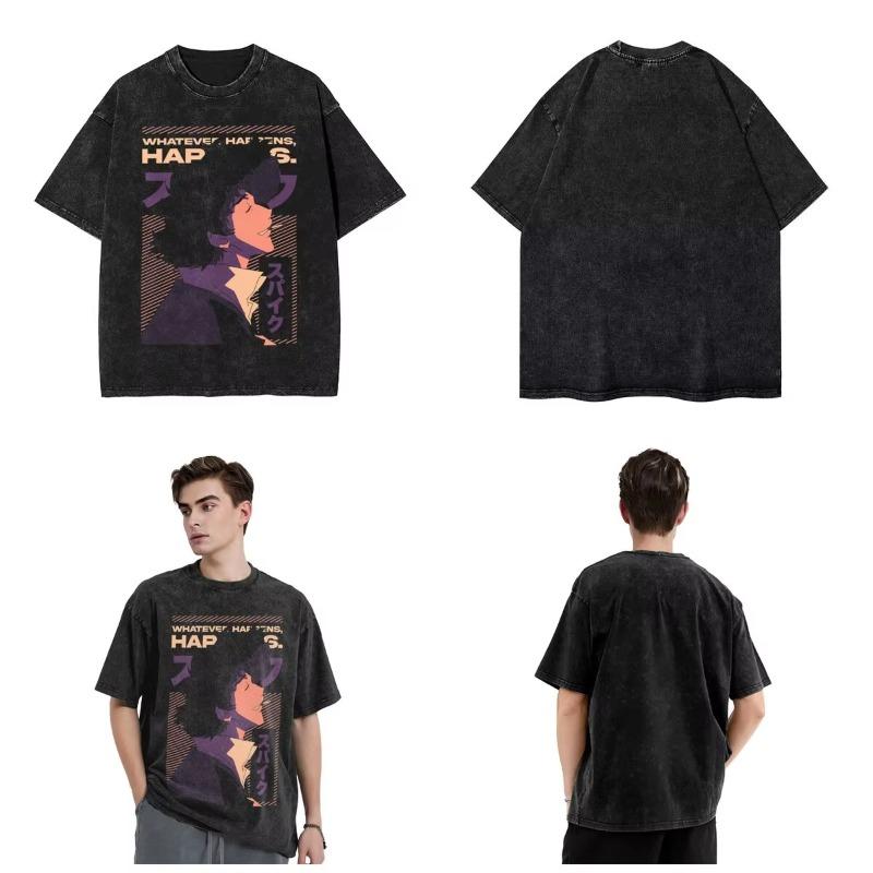 Manga Cowboy Bebop Spike Spiege Grafik T-Shirt Vintage Gewaschen Oversize T-Shirts Kurzarm Baumwolle Weiches Tee Herren Damen Kleidung