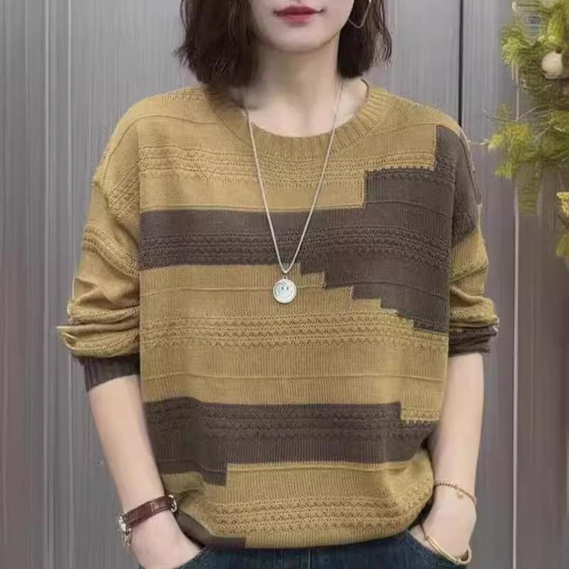 Retro Round Neck Color Matching Knitted Sweater Women's Spring and Autumn Live Broadcast Popular Fashion Casual Versatile Foreign Style Long-sleeved