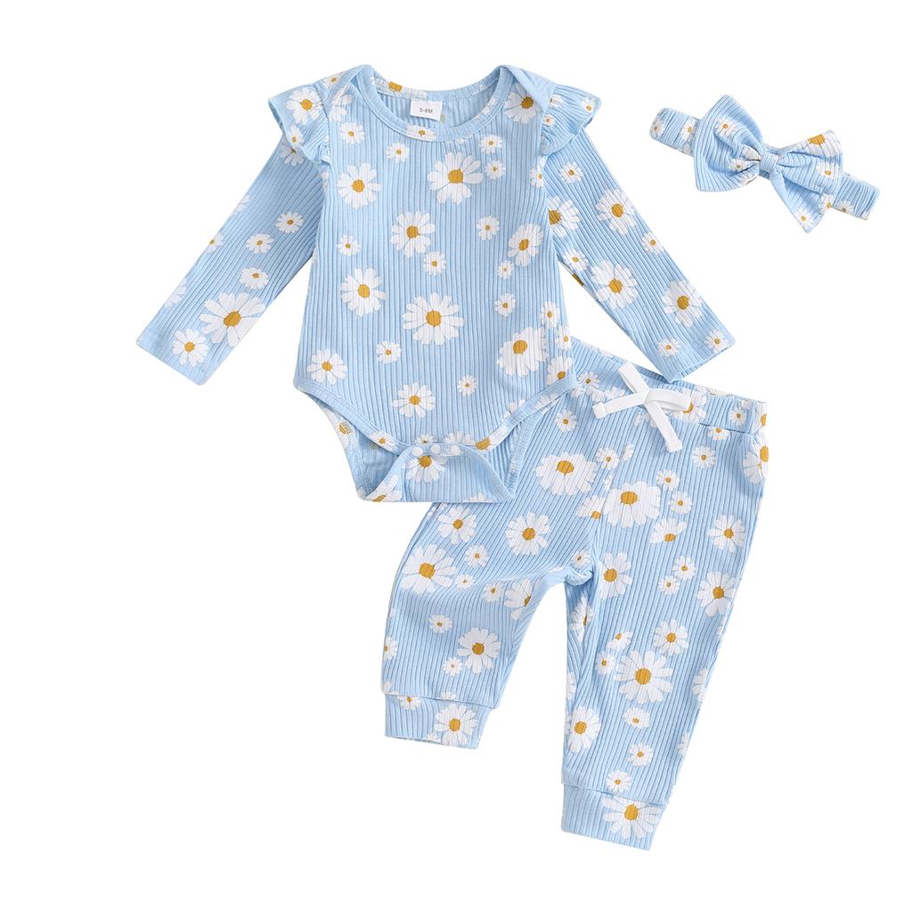 Citgeett Autumn Infant Baby Girl Fall Outfit Daisy Print Long Sleeve Romper Pants Headband Clothes Set