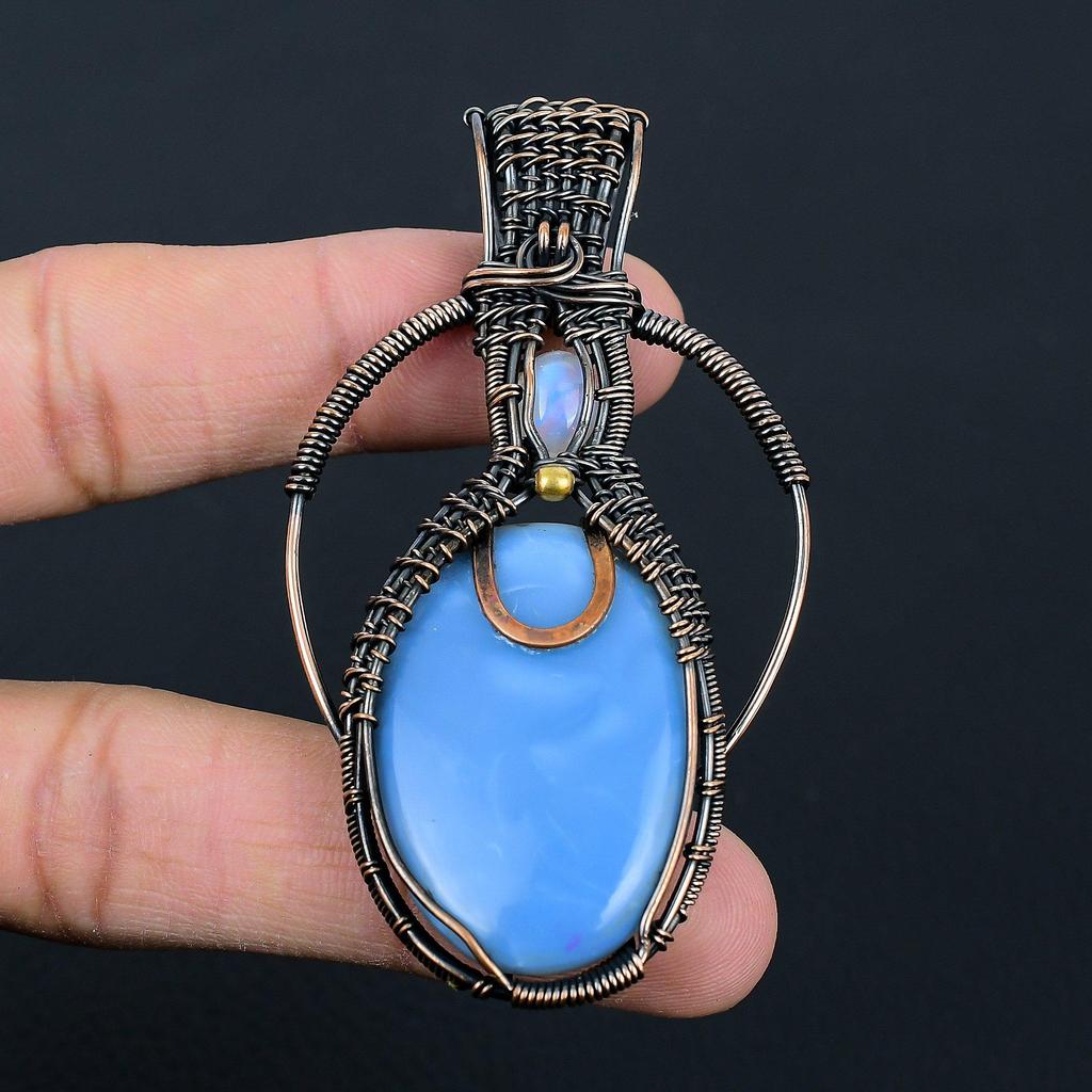 Owyhee Opal & Moonstone Gemstone Handmade Copper Wire Wrap Jewelry Gorgeous Pendant For Love