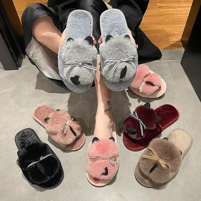 Amazon Large Size Fluffy Slippers Home Indoor Flat Bottom Warm One-word Slippers Cotton Slippers Shoes