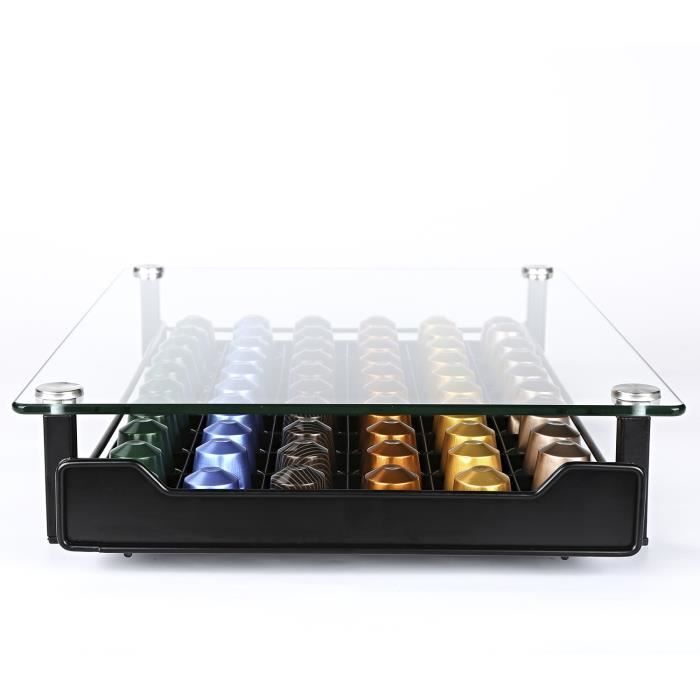 Porte Capsule De Café - HIVENETS - Tiroir En Verre Trempé - Capacité 60 Dosettes - Noir - Rectangulaire