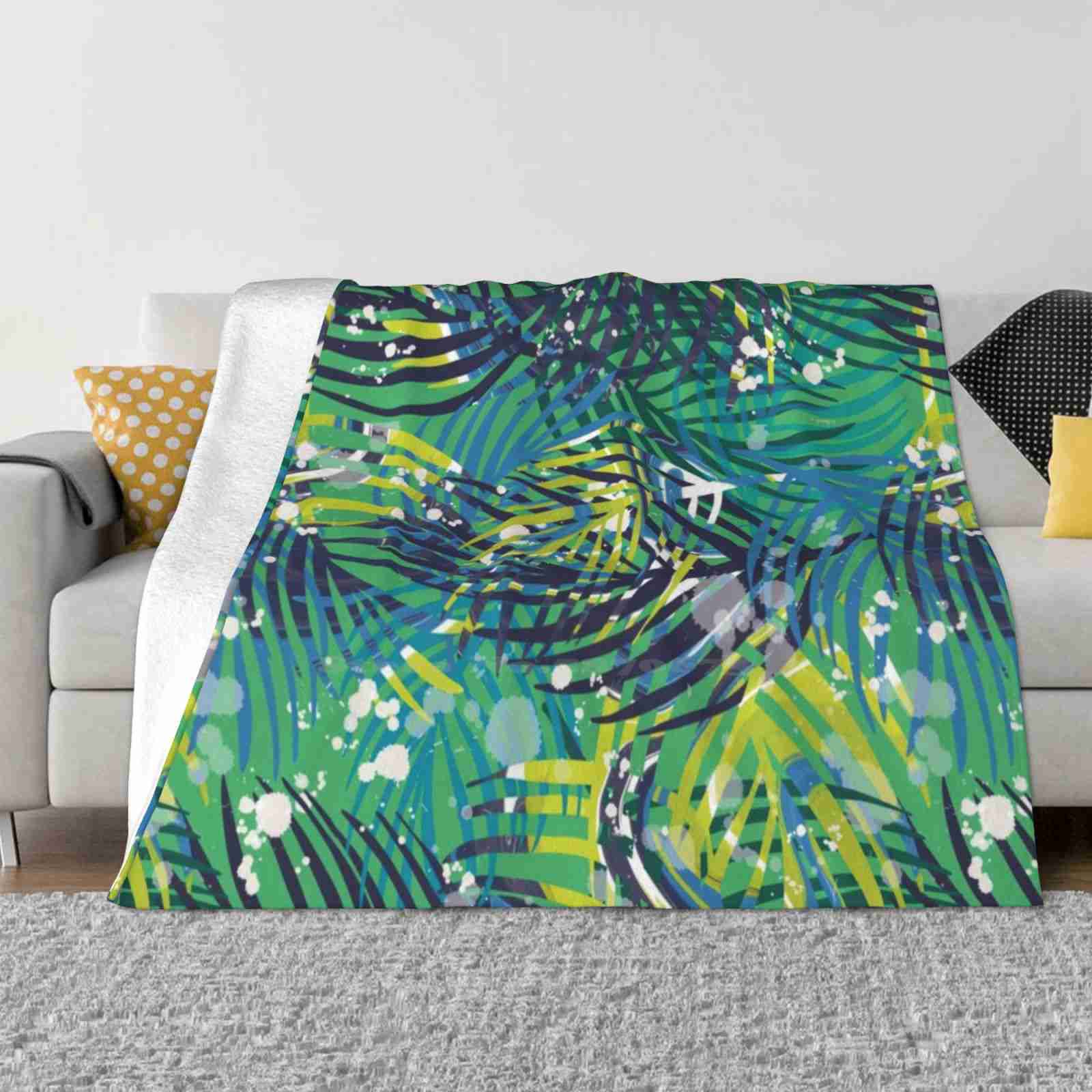 Tropical Green And Blue Palm Leaves For Home Sofa Bed Camping Car Plane Travel Portable Blanket Green Tropical Leaves Blue 30x40in