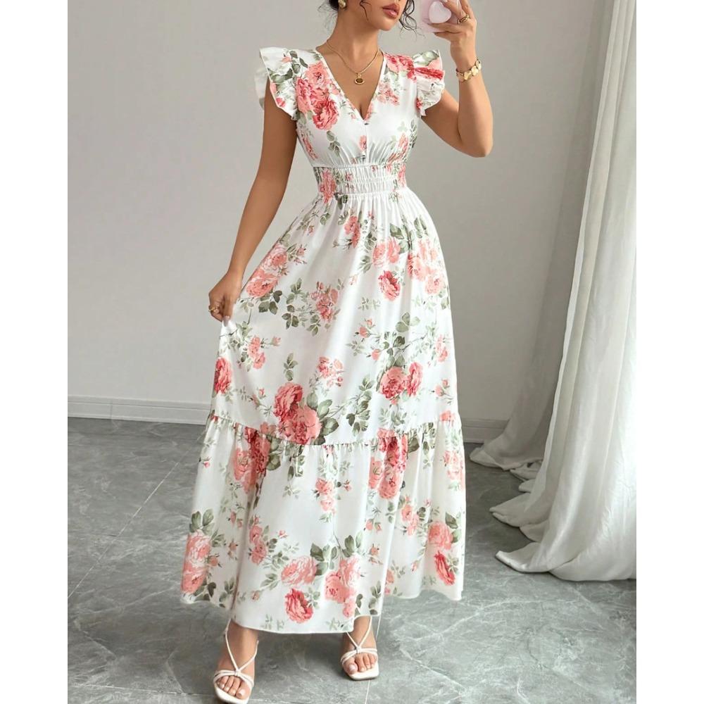 Women'S V-Neck Leaf-Trimmed Striped Slim A-Line Dress, Suitable for Spring and Summer Casual Vacation Fashion Dress
