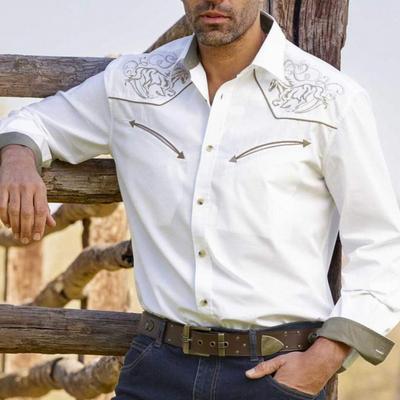 Men Spring Shirt Vintage Western Cowboy Print Single-breasted Slim Fit Long Sleeve Turn-down Collar Buttons Streetwear Casual Bu
