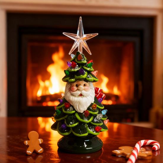 Brad de Crăciun Santa Luminat Decor 11 Inch Rășină Bătrân Brad de Crăciun Lumină cu Lumini Multicolorate Și Vârf Stea pentru Decor de Masă de Sărbători