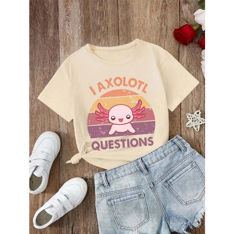 Hot-selling T-shirt for Girls with Funny 'IAXOLOTI QUESTIONS' Pattern Short-sleeved Top