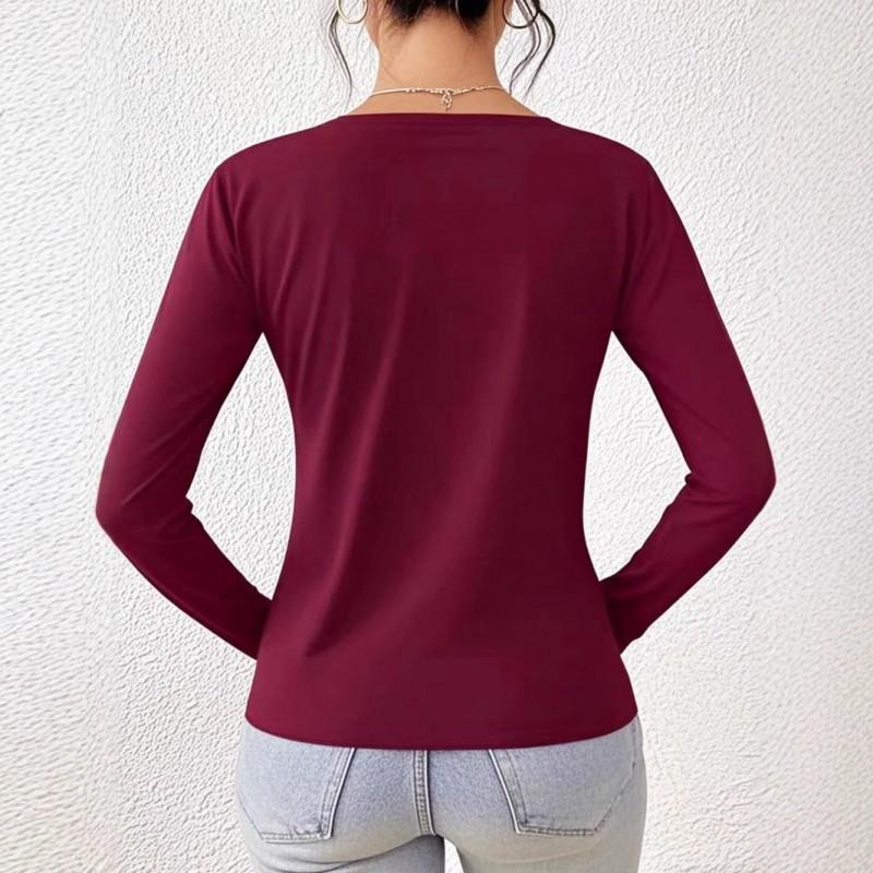 Womens Plus Size Solid Color Long Sleeve Top V-Neck Casual Loose Fit Daily Wear Fall 2025