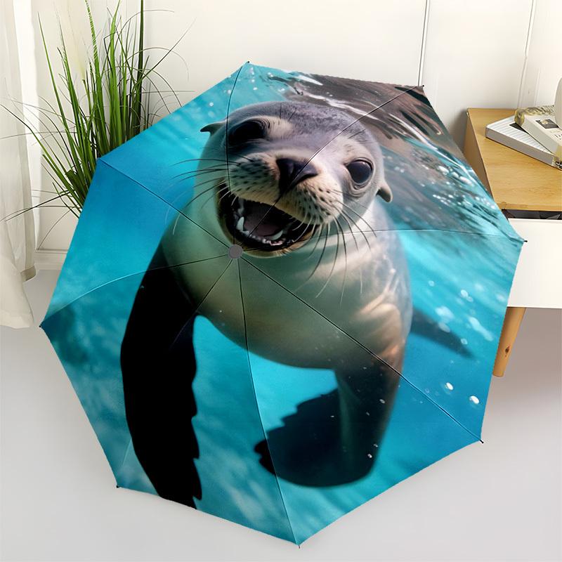 1pc Seal, Ocean Automatic Folding Umbrella Automatic Open/Close, 8-Rib Durable Frame, Compact Travel Umbrella Suitable009