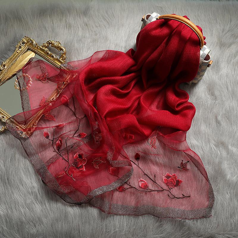 Floral Embroidery Real Silk Wool Scarf For Women Winter Scarves Shawls Hijab Wraps Pashmina Bandana Foulard