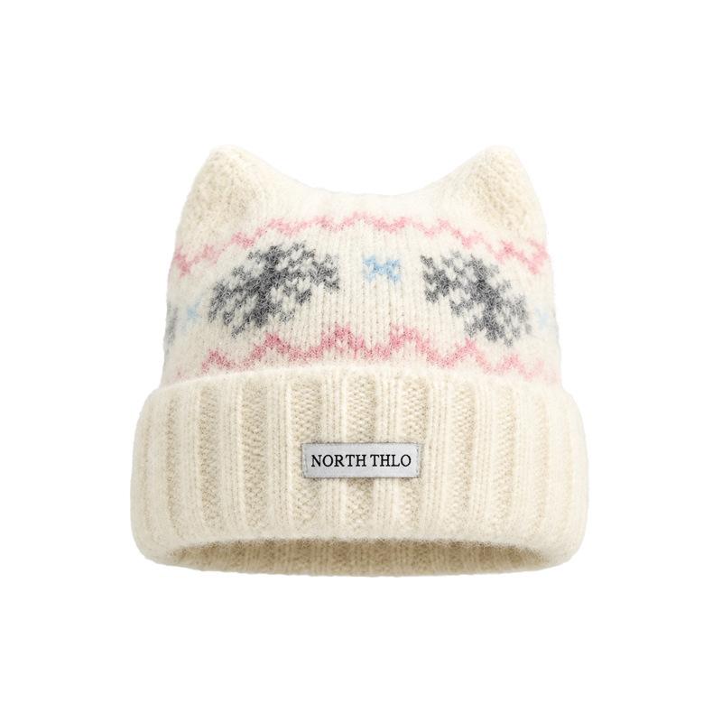 2026 autumn and winter new Fair Island wind cat ear wool hat, fleece warm cold hat, big head circumference and small knitted hat