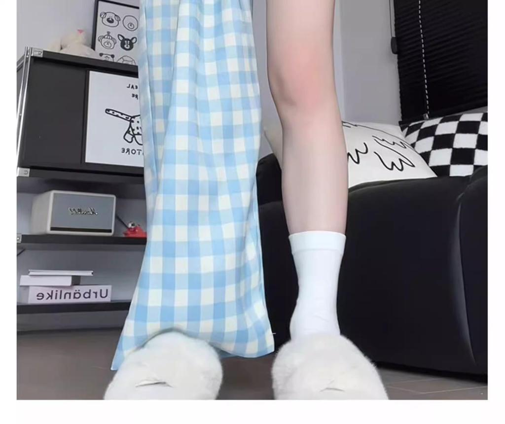 Damen Blaue Karomuster High-Waist Weitbein Petite Hose - Frühling/Sommer 2025 Kollektion