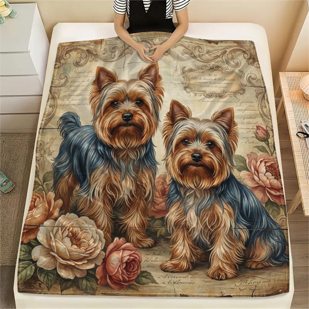 1PC Retro Pet Puppy Print Flannel Blanket, High quality All Seasons, Home Decor, Warmth and Comfort, Perfect for Christmas Gifts