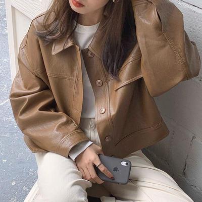 Dames Europees Stijl Bruine PU Leer Jasje - Retro Petite Lente/Herfst 2025