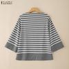 ZANZEA Women Casual Round Neck Loose 3/4 Sleeve Stripe Blouse