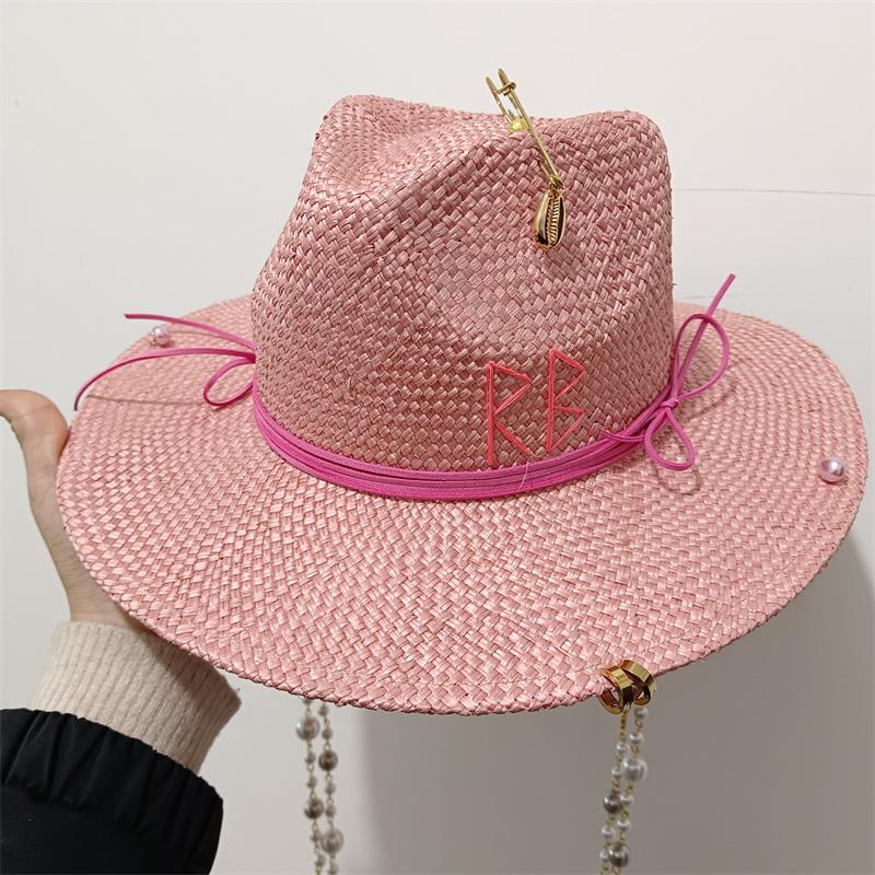 Persikorosa Stråhatt Bokstav Handgjord Designhatt Pärlkedja Sommar Solhatt Ny Bokstavshatt Strand Kvinnor Gorras Para Hombres