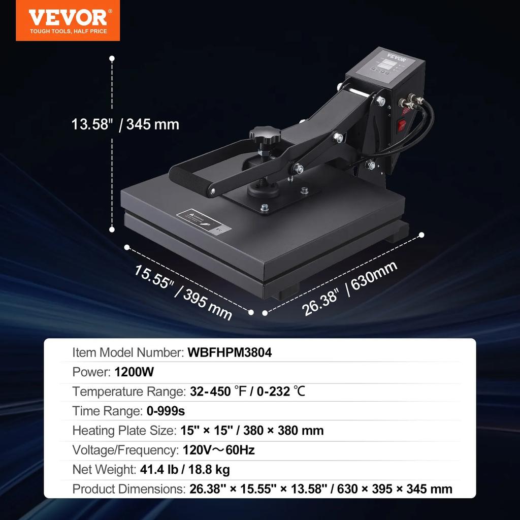 VEVOR Heat Press Machine 15 X 15 In/38.1 X 38.1 Cm Sublimation Printer Transfer for DIY T-shirt