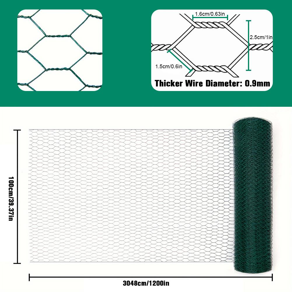 Chicken Wire 39.37x1200in Hexagonal Mesh Poultry Wire Netting PVC-Coated Chicken Coop Rabbit Wire Anti-Rust Metal Garden Netting